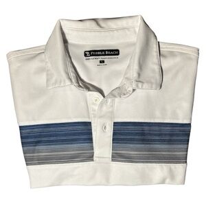 Men’s Pebble Beach White Polo with Blue Stripes Size Large